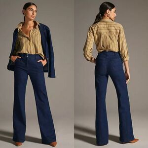 Maeve Anthropologie dark wash indigo blue stretch tailored high rise flare jeans